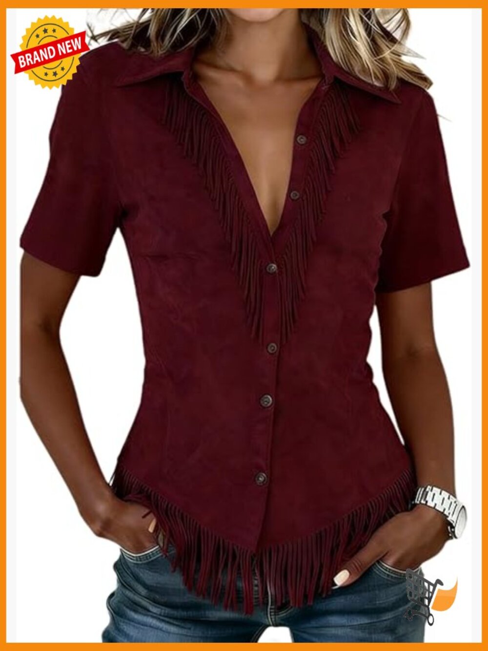 Western Cowgirl Suede Shirt, Short Sleeve Button Down, Slim Fit Fringe Top,
